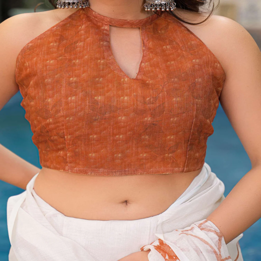 Off White Linen Printed Saree - Image 2