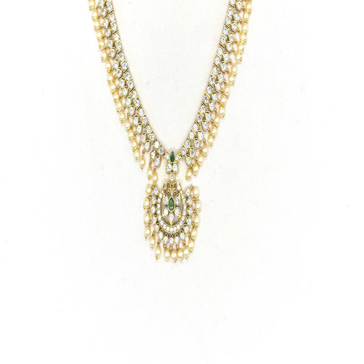 Matte finishing white stones with pearls and central green stone short Necklace - Image 3