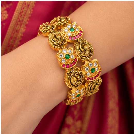 Matte Finishing Peacock And Floral Motifs Adorned With White,Green And Pink Stones - Image 4