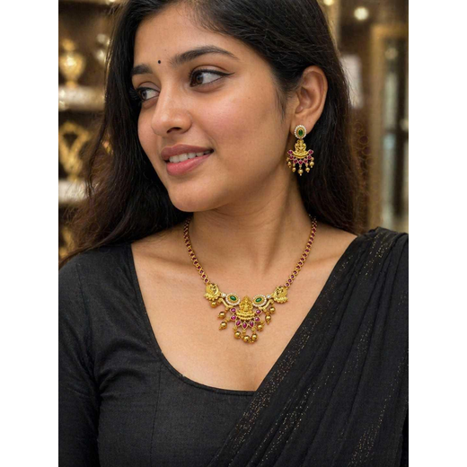 Matte finishing with lord Lakshmi Pink stones Short Necklace - Image 4