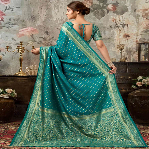 Teal Green Silk Woven Banarasi Saree With stitched Blouse - Image 4