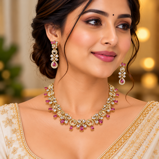 Gold-plated American Diamond Red Stones Short Necklace - Image 4
