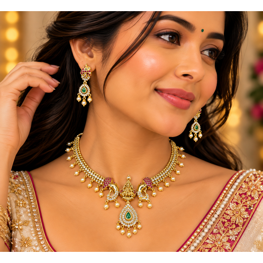 Matte finishing American Diamonds with Elephant finish Lord Lakshmi Short Kanti Necklace - Image 4