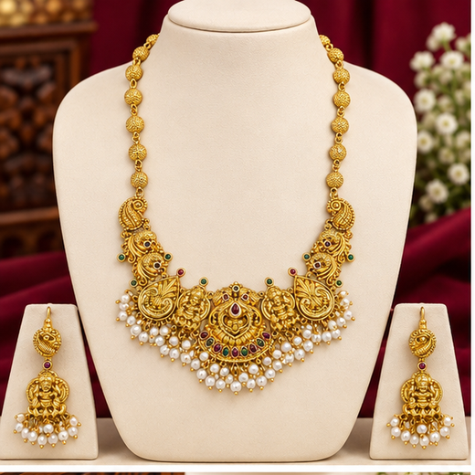 Matte Finishing With Lord Lakshmi With Multi Stones And White Drop Pearls short Necklace