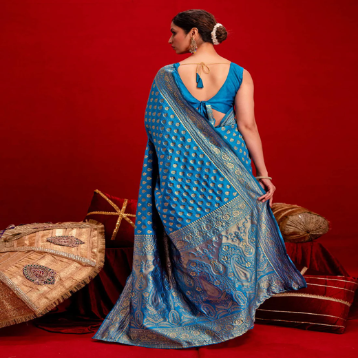 Sky Blue Silk Woven Banarasi Saree - Image 3