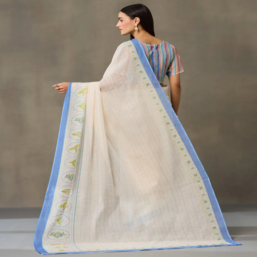 Cream Linen Printed Saree - Image 4