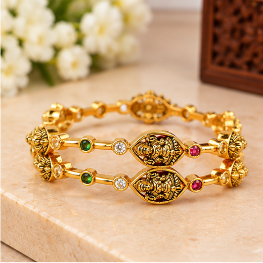 Matte Finishing With Small Stones Lord Lakshmi Bangle - Image 2