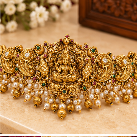 Matte Finishing Lord Lakshmi Peacock And Pearls Chain Vaddanam - Image 2