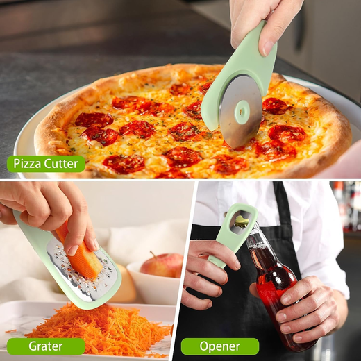 Set of 6 Kitchen Tools, Camping Kitchen Gadgets Cheese Grater, Pizza Cutter, Bottle Opener, Vegetable Peeler, Garlic Grinder Herb Stripper - Image 3