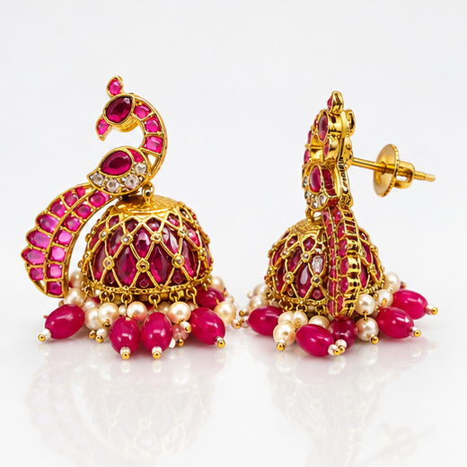 Matte Finishing Peacock-Inspired Pink Gemstones And Pearl Drops Jhumka’s - Image 4