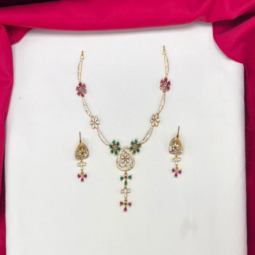 Matte finishing flower design with multi stone short Necklace - Image 2