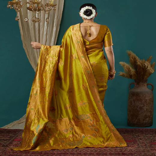Mustard Green Silk Woven Banarasi Saree - Image 4