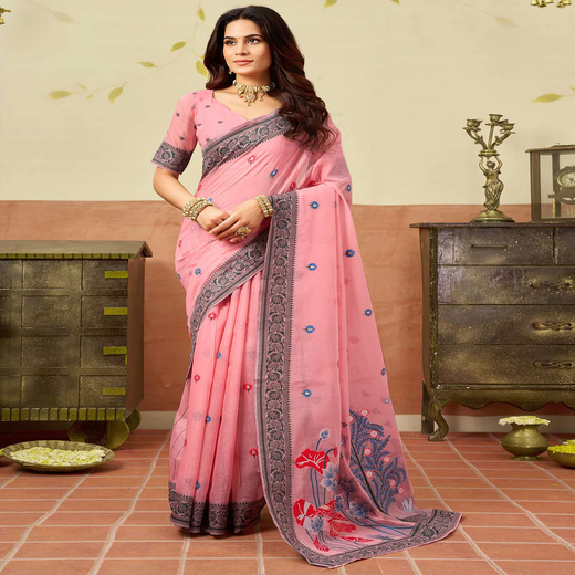 Light Peach Chanderi Woven Saree
