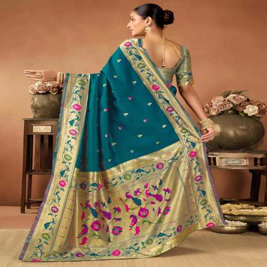 Rama Green Silk Woven Paithani Saree - Image 4