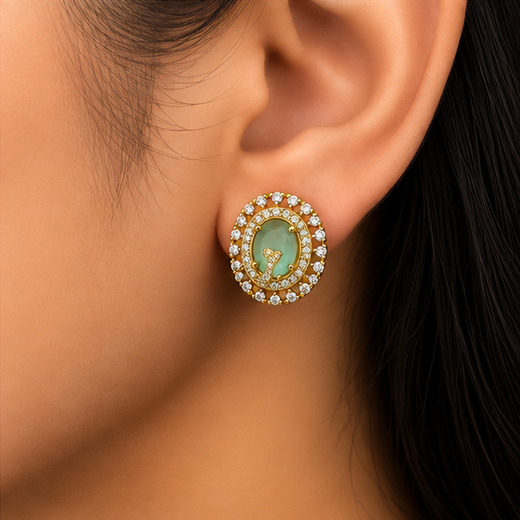 Victorian finish American Diamonds with mint-Green stone stud Earring - Image 4