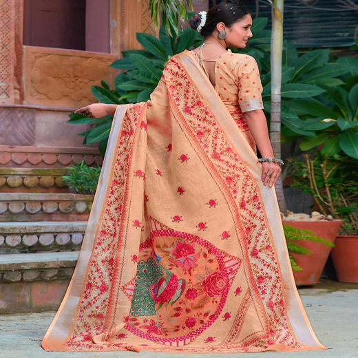 Rust Beige Cotton Linen Printed Saree - Image 4