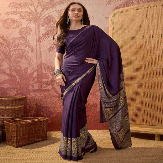 Dark Purple Crepe Silk Printed Saree