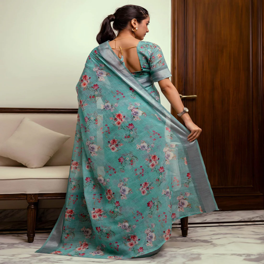 Ready To Wear Turquoise Linen Woven Border Floral Printed Saree - Image 4