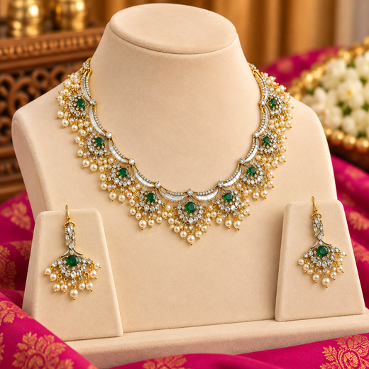 Matte finishing American Diamonds with Green stones and Guttapusalu Short Necklace - Image 3