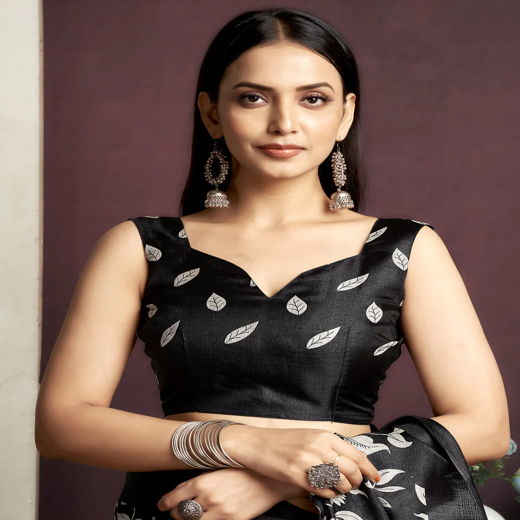 Black Cotton Blend Printed Saree - Image 2