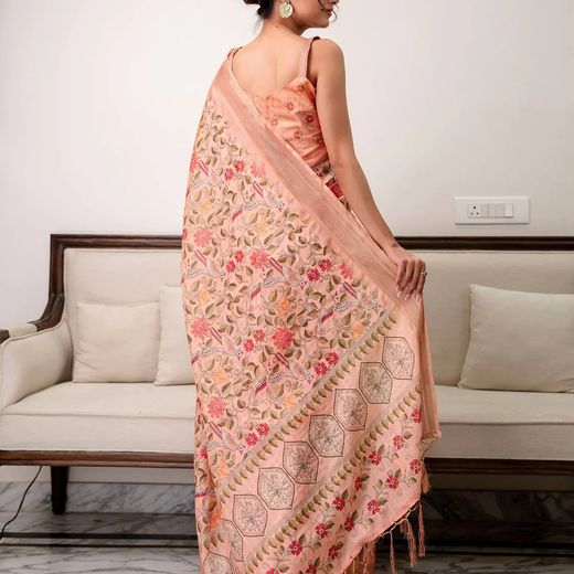 Peach Silk Printed Saree - Image 4