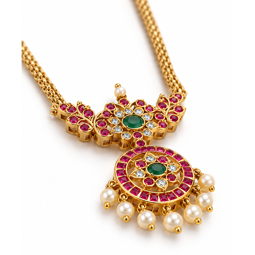 Matte finishing pink stones with danling white pearls short Necklace - Image 3