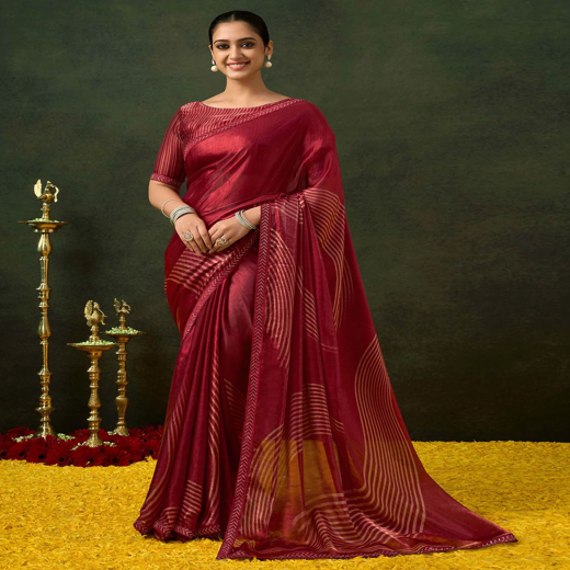 Maroon Organza Printed Swarovski Saree