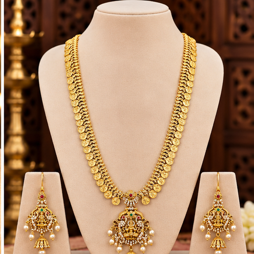 Matte finishing coin Lord Lakshmi with white pearls Long Haram