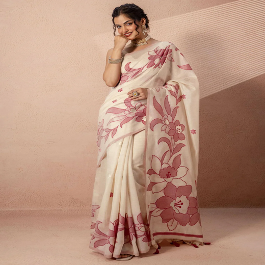 Beige Chanderi Cotton Woven Saree