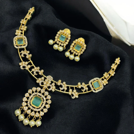 Matte finishing mint-green stones with pearls short Necklace - Image 3