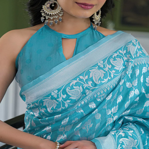 Sky Blue Silk Woven Banarasi Saree - Image 3