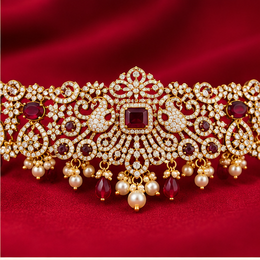 Victorian Finishing With Purple Stones And Peacock Deigned Chain Vaddanam - Image 2