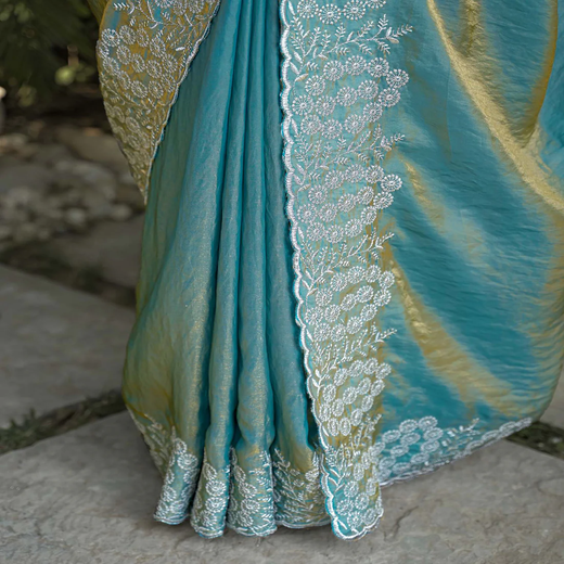 Dusty Teal Green Shimmer Tissue Embroidery Saree - Image 3