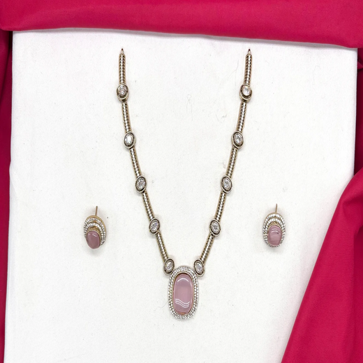 Victorian finishing with American Diamond with Baby-Pink Stone Short Necklace - Image 2