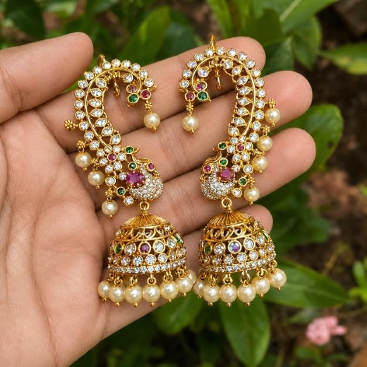 Glamorous Peacock Mango Floral Cuff Jhumka Earrings
