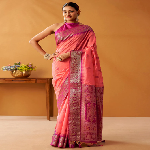 Coral Pink Silk Woven Kanjivaram Saree