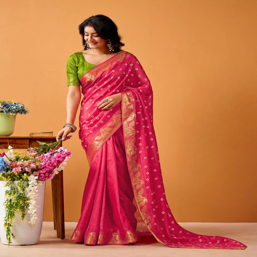 Pink Silk Woven Printed Saree - Image 4