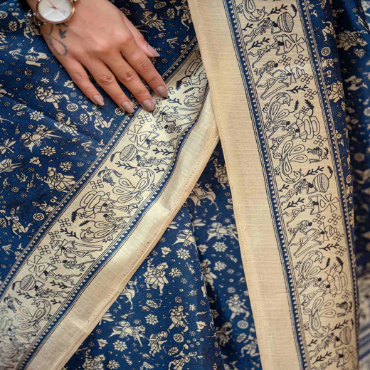 Navy Blue Khadi Warli Printed Saree - Image 3