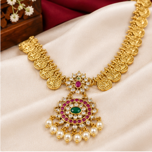 Matte Finishing with lord Lakshmi designed Long Haram - Image 2
