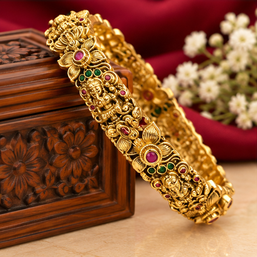 Matte Finishing Floral Motifs With Lord Lakshmi Stones Accents - Image 3