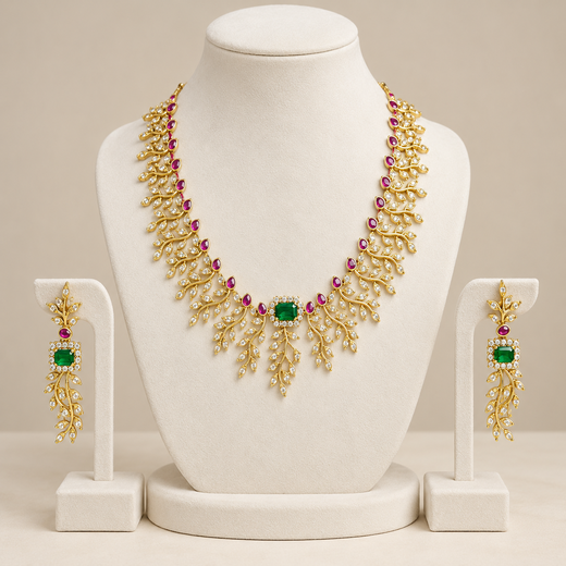 Matte finishing Leaf Feathery Multi Color CZ Stones Short Necklace