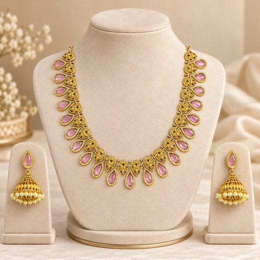 Matte finishing pink Leaf Designed Short Necklace