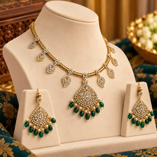Matte finishing mango design with Green drop Beads (Kanti) Necklace - Image 3