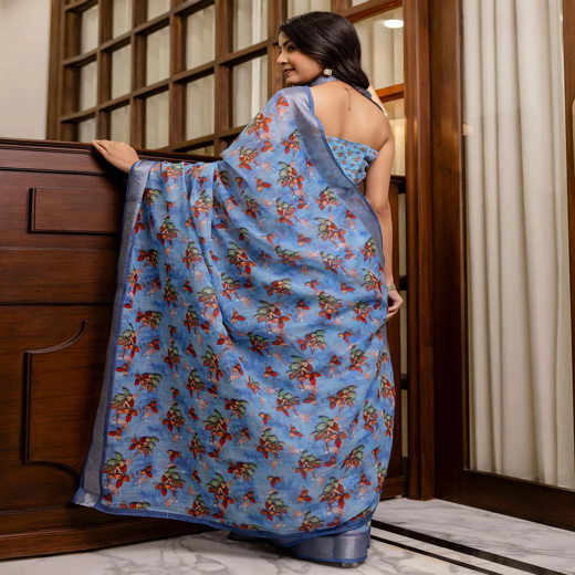 Ready To Wear Blue Linen Woven Border Printed Saree - Image 4