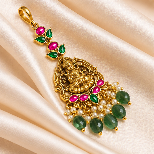 Jadau Kundan Finishing With Lord Lakshmi Design Maang Tikka - Image 3