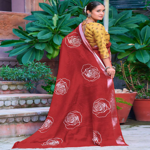 Dull Red Cotton Linen Printed Saree - Image 4