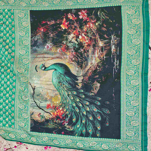Teal Green Silk Woven Banarasi Saree - Image 3