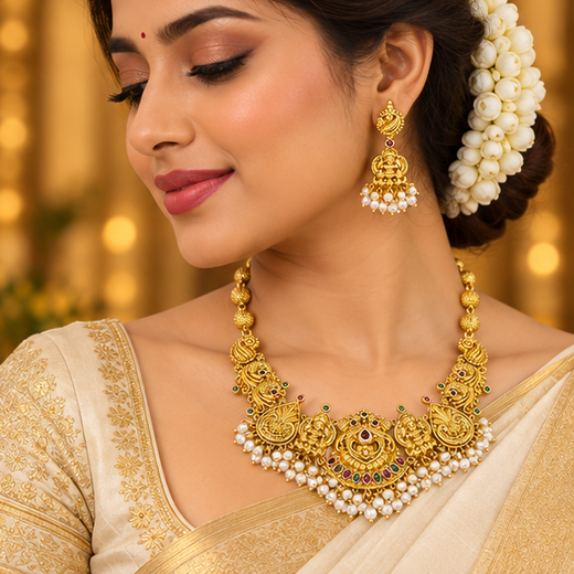 Matte Finishing With Lord Lakshmi With Multi Stones And White Drop Pearls short Necklace - Image 4