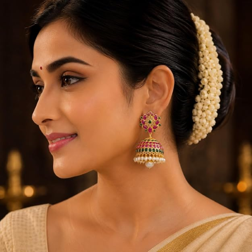 kempu jhumka white (American Diamond) stones, accented with delicate pearl drops Earrings - Image 3