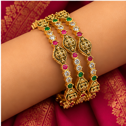 Matte Finishing With Lord Lakshmi White Stones Bangle - Image 4